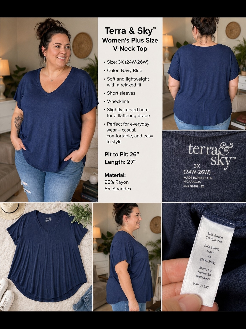 P133 Terra & Sky Women’s Plus Size V-Neck Top – Size 3X (24W–26W)